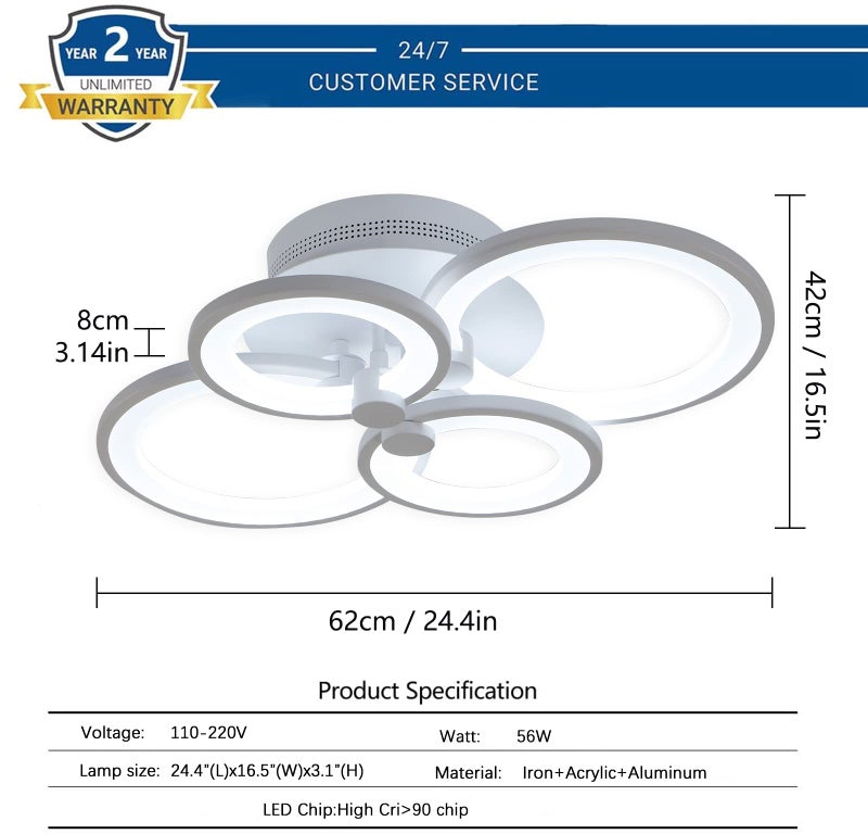 Ganeed Dimmable Modern Ceiling Light,Metal Acrylic LED Flush Mount Ceiling Light Fixtures,56W LED Chandelier Light Fixture for Living Room Kitchen Bedroom Dinner Room,3000-6500K - Image 5